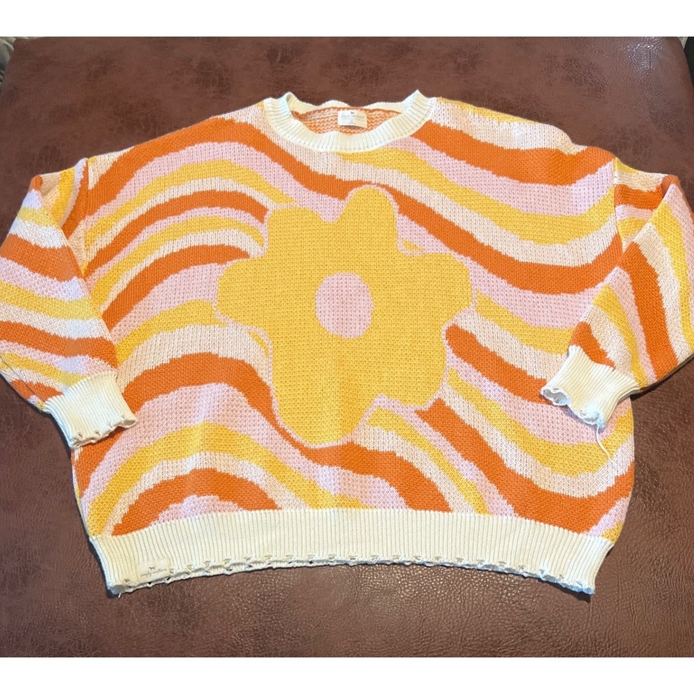 Simply Southern Retro Wavy Stripe Flower‎ Oversized Knit Sweater Orange Pink L